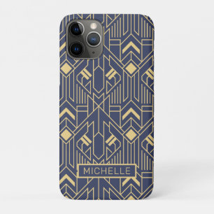 Capa Para iPhone 11 Pro Art Deco Azul Nome Geométrico Personalizado Dourad