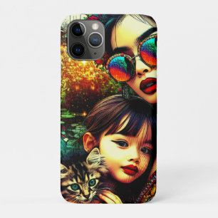 Capa Para iPhone 11 Pro Arte Colorido Mãe e Filha Jardim de Flores Asiátic