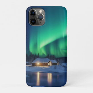 Capa Para iPhone 11 Pro Aurora borealis sobre a cabana de inverno
