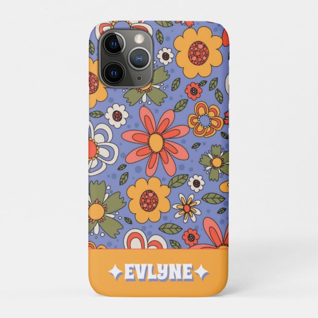 Capa Para iPhone 11 Pro Azul-Amarelo-Amarelo-Amarelo-Chic Groovy Floral (Verso)