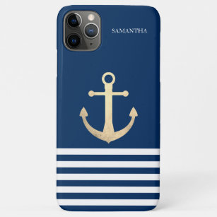 Capa Para iPhone 11 Pro Max Azul Marinho de Âncora, Dourado, náutico, com risc
