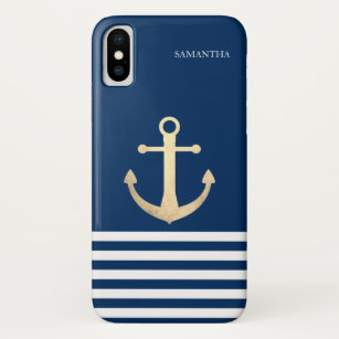 Capa Para iPhone Da Case-Mate Azul Marinho de Âncora, Dourado, náutico, com risc