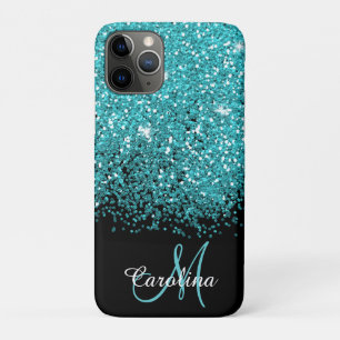 Capa Para iPhone 11 Pro Azul, Teal, Brilhante, Nome e Monograma, Girly