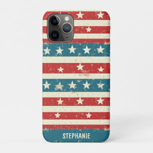 Capa Para iPhone 11 Pro Bandas Vermelhas, Brancas e Azuis Vintage com Estr
