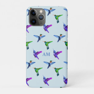 Capa Para iPhone 11 Pro Beija-flores em Azul Turquesa Claro & Monograma