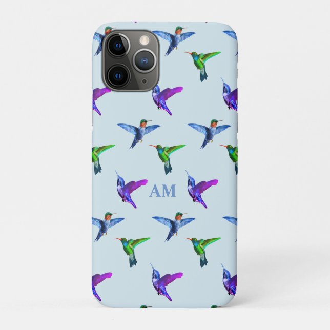 Capa Para iPhone 11 Pro Beija-flores em Azul Turquesa Claro & Monograma (Verso)