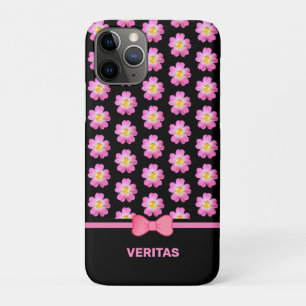 Capa Para iPhone 11 Pro Belas flores cor-de-rosa em preto & nome no texto