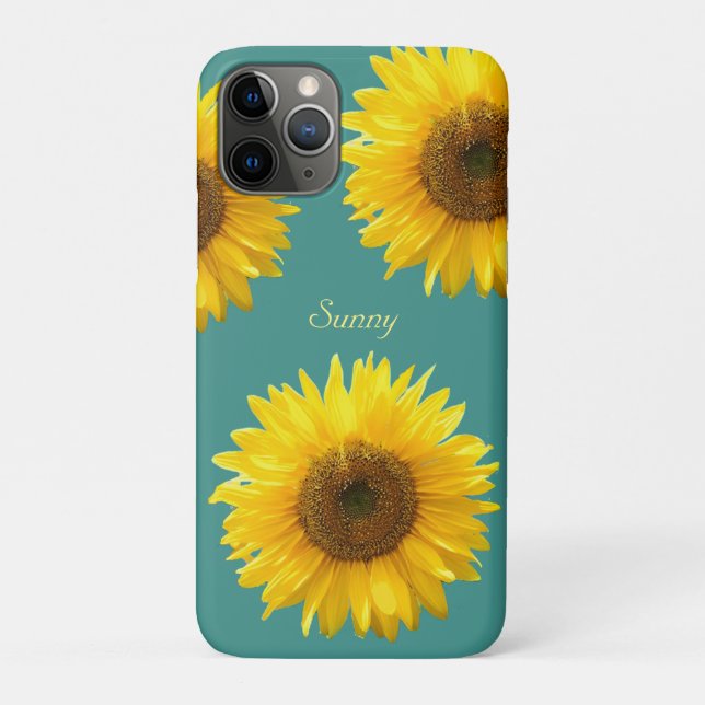 Capa Para iPhone 11 Pro Belos Girassóis em Azul Turquesa (Verso)