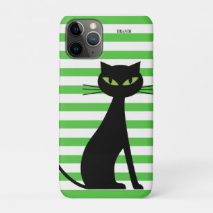 Capa Para iPhone 11 Pro Black Cat & Custom Name Green Strips Modern