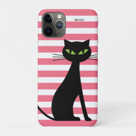 Capa Para iPhone 11 Pro Black Cat & Custom Name Pink Strips Modern