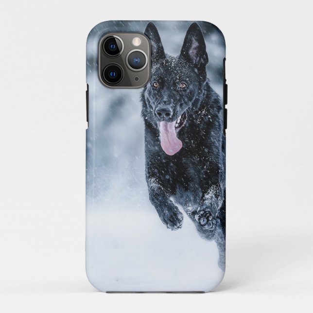 Capa Para iPhone 11 Pro Black German Shepherd in snow Duvet Cover (Verso)