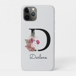 Capa Para iPhone 11 Pro Boho Floral Cor-de-Rosa Inicial D Monograma