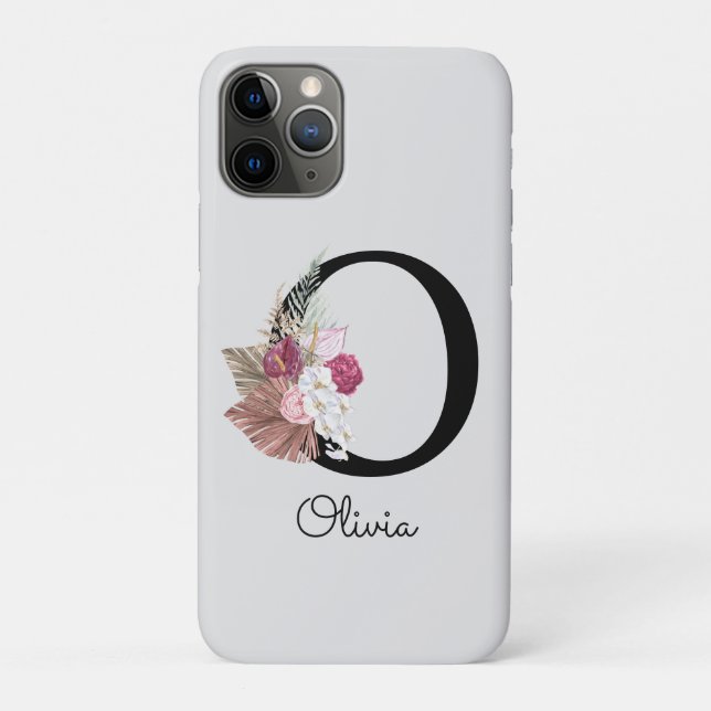 Capa Para iPhone 11 Pro Boho Rosa Monograma Floral Inicial O (Verso)
