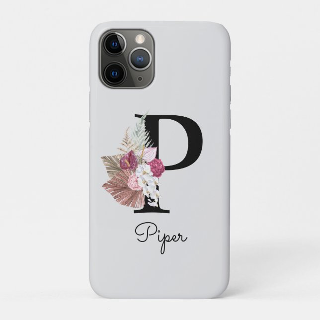Capa Para iPhone 11 Pro Boho Rosa Monograma Floral Inicial P (Verso)