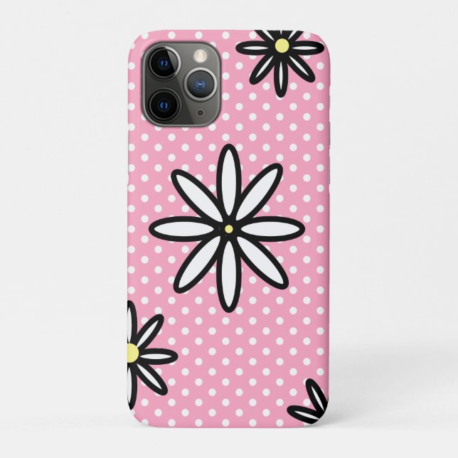 Capa Para iPhone 11 Pro Bolinhas e margaridas brancas rosa (Verso)