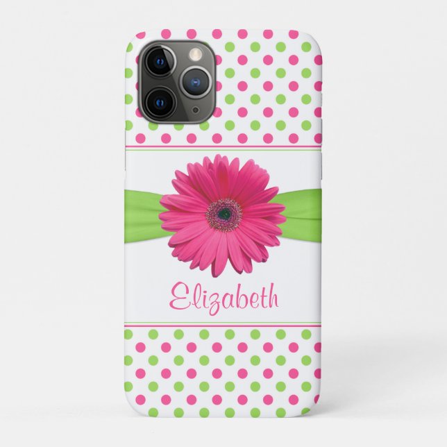 Capa Para iPhone 11 Pro Bolinhas Verde Rosa Gerbera Daisy (Verso)