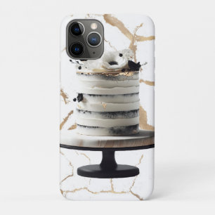 Capa Para iPhone 11 Pro Bolo de Noiva Floral Preto e Branco Dourado em Cam