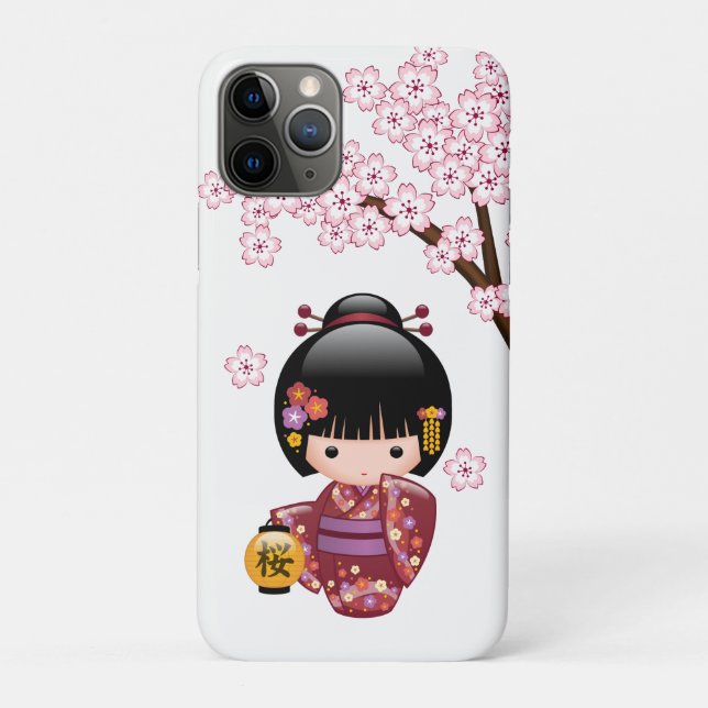 Capa Para iPhone 11 Pro Boneca Sakura Kokeshi - Garota Geisha Japonesa Bon (Verso)