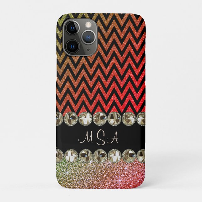Capa Para iPhone 11 Pro Bonita Champagne Bling Red Chevron Monograma (Verso)