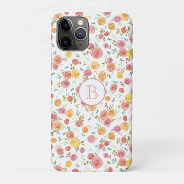 Capa Para iPhone 11 Pro Bonito Rosas Rosa com Monograma (Verso)