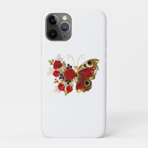 Capa Para iPhone 11 Pro Borboleta de flor vermelha com rosas vermelhas