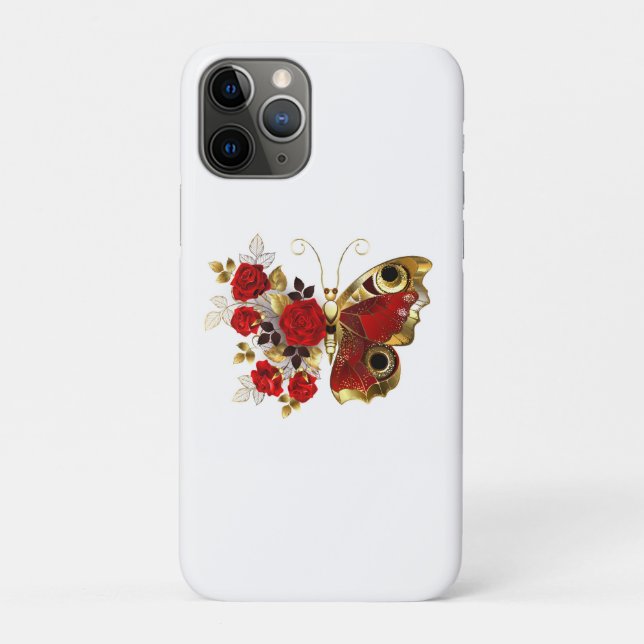 Capa Para iPhone 11 Pro Borboleta de flor vermelha com rosas vermelhas (Verso)