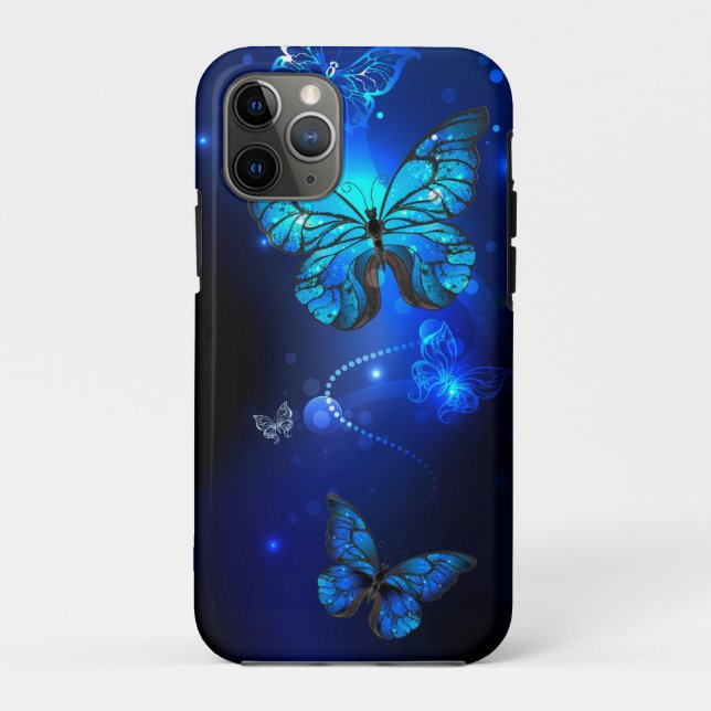 Capa Para iPhone 11 Pro Borboleta Morpho no Fundo Escuro (Verso)