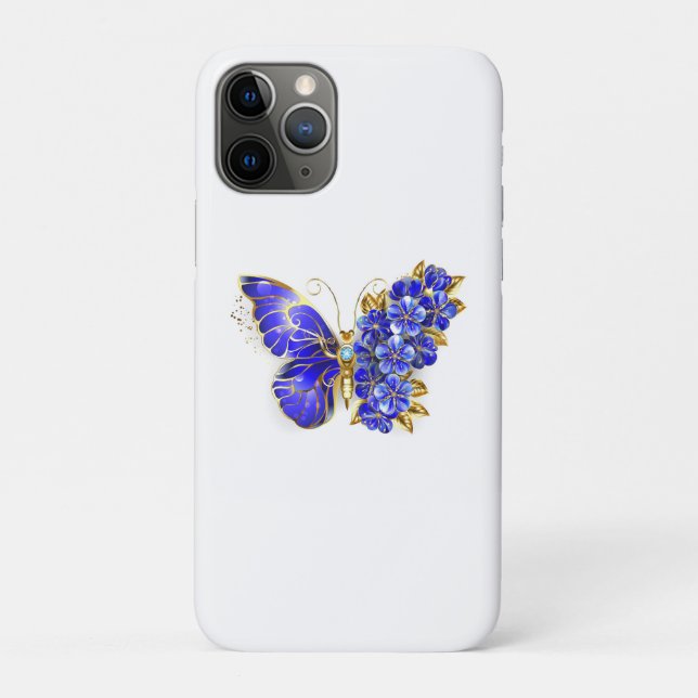 Capa Para iPhone 11 Pro Borboleta Safira Flor (Verso)