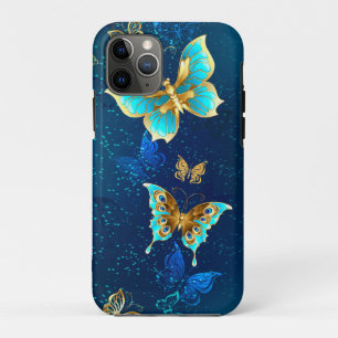 Capa Para iPhone 11 Pro Borboletas de Ouro em um fundo azul