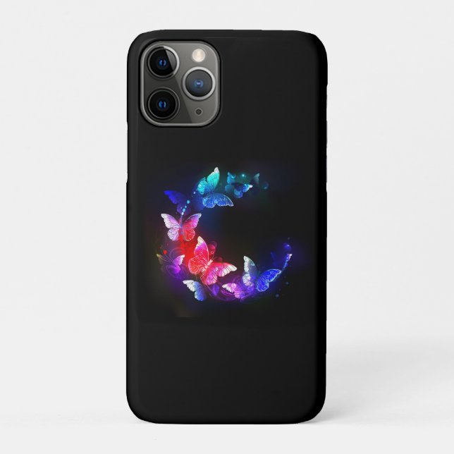 Capa Para iPhone 11 Pro Borboletas Neon Night brilhantes sobre fundo preto (Verso)