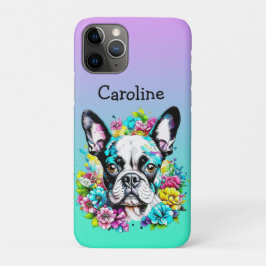 Capa Para iPhone 11 Pro Boston Terrier cercado por flores personalizadas