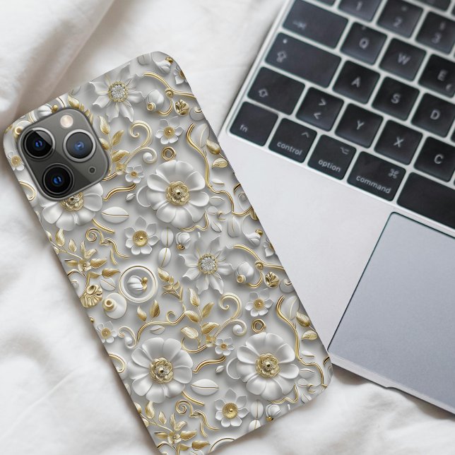 Capa Para iPhone 11 Pro Branco Elegante e Floral 3D Dourado (Criador carregado)
