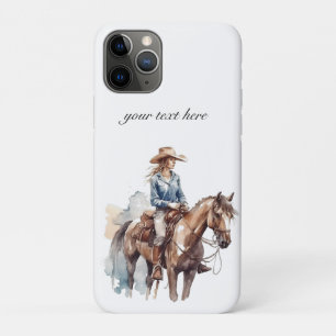 Capa Para iPhone 11 Pro brunette cowgirl cavalgando cavalo em aquarela