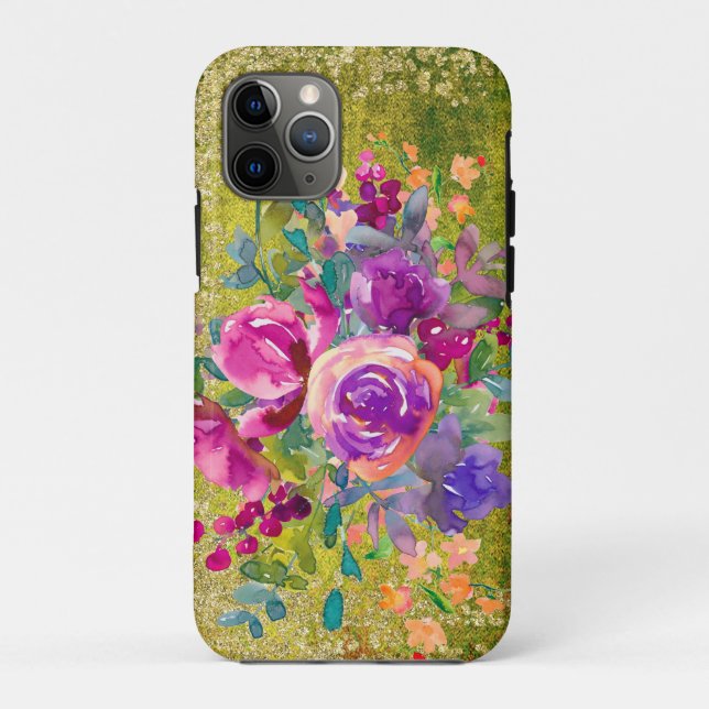 Capa Para iPhone 11 Pro Buquê de Flores Aquarela em Verde Rústico (Verso)