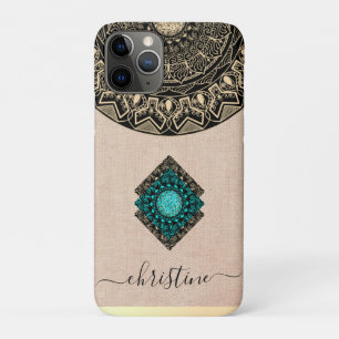 Capa Para iPhone 11 Pro Burlap bege preto dourado mandala nome em script r