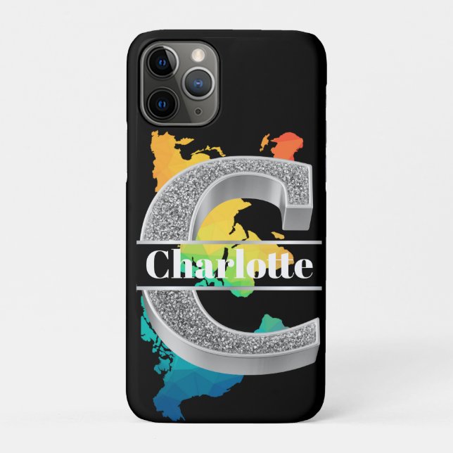 Capa Para iPhone 11 Pro C Monograma Inicial de Prata Personalizado Seu Nom (Verso)