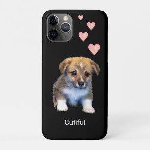 Capa Para iPhone 11 Pro Cachorro Corgi Fofo e Corações em Preto