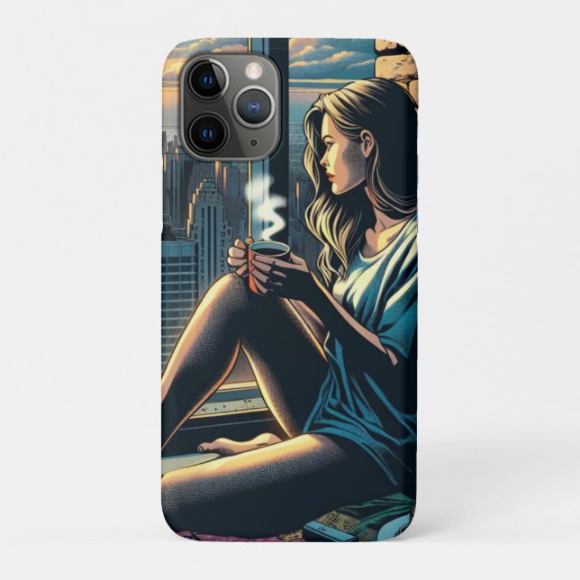 Capa Para iPhone 11 Pro Café Bebendo feminino em Sunrise na cidade (Verso)