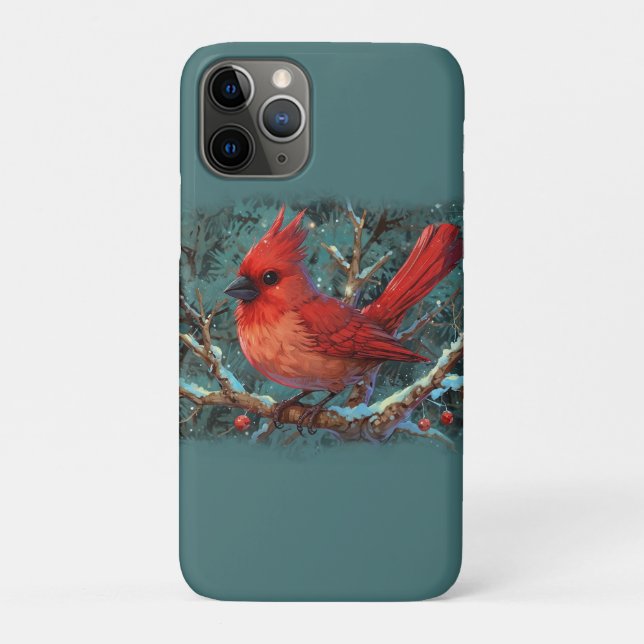Capa Para iPhone 11 Pro Cardeal Vermelho Bonito com Berries Vermelhos Inve (Verso)