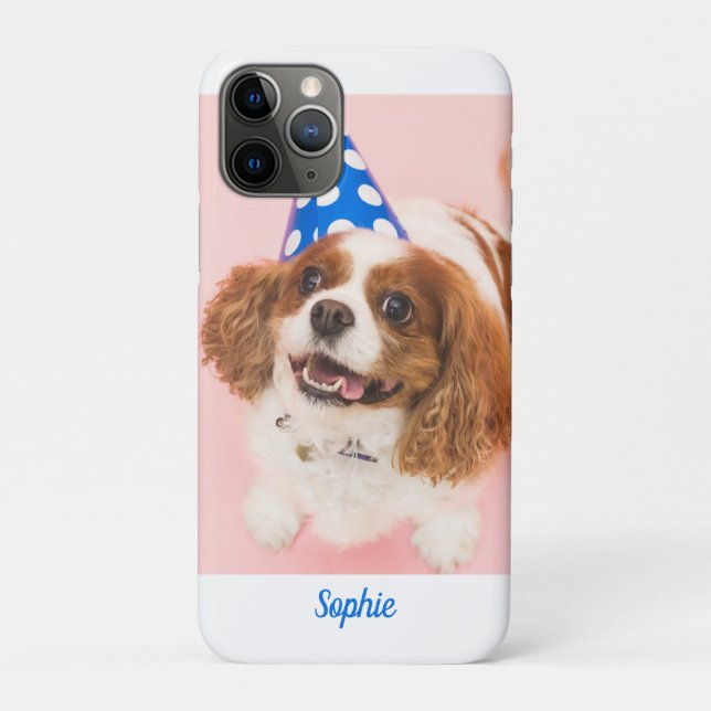 Capa Para iPhone 11 Pro Cavalier Spaniel Dog ou Sua Foto, Nome Azul (Verso)