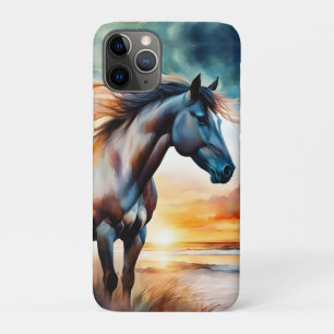 Capa Para iPhone 11 Pro Cavalo Selvagem em Duna Gramada ao Pôr do Sol