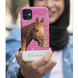 Capa Para iPhone 11 Pro Cavalo Traseiro Nome Animal Rosa Dourado Bonito