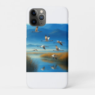 Capa Para iPhone 11 Pro Cena de lago da natureza serena com grous voando