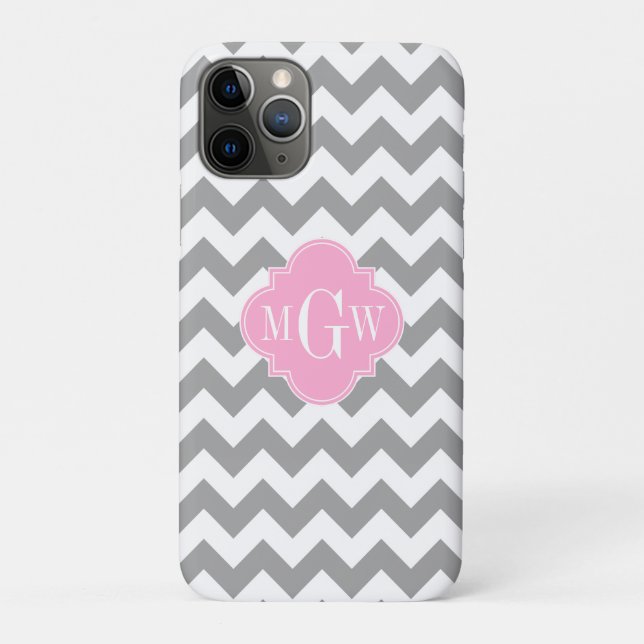 Capa Para iPhone 11 Pro Cinza Branca de Quatrefoil Rosa Quatrefoil 3 Monog (Verso)