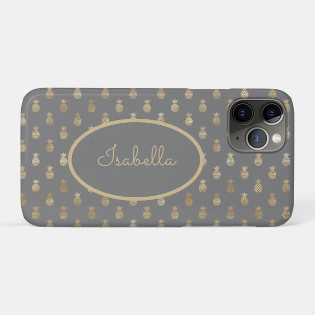 Capa Para iPhone 11 Pro Cinzas Elegantes e Abacaxi Dourado Personalizados (Verso (horizontal))