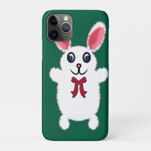 Capa Para iPhone 11 Pro Coelho Branco Fofinho e Felpudo com Laço Vermelho
