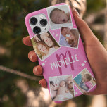 Capa Para iPhone 11 Pro Colagem de Fotos da Família Girly Pink<br><div class="desc">Capas de iphone feminina personalizada,  com um fundo de textura rosa tendenciosa,  5 fotos da família,  estrelas brancas,  sua inicial e nome.</div>