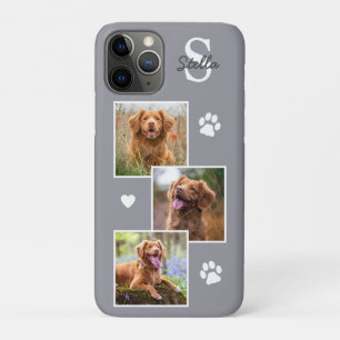 Capa Para iPhone 11 Pro Colagem de Fotos Pet Monograma Nome Cinza Cão Gato
