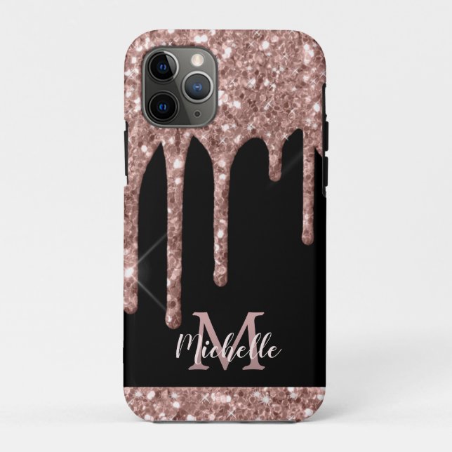 Capa Para iPhone 11 Pro Colírio Dourado com Rosa monograma em preto (Verso)
