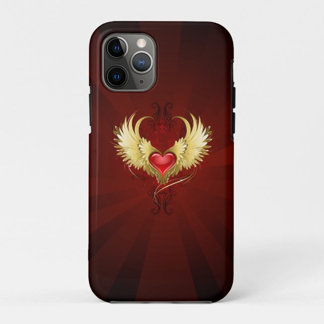 Capa Para iPhone 11 Pro Coração Vermelho com Asas Ouros (Verso)